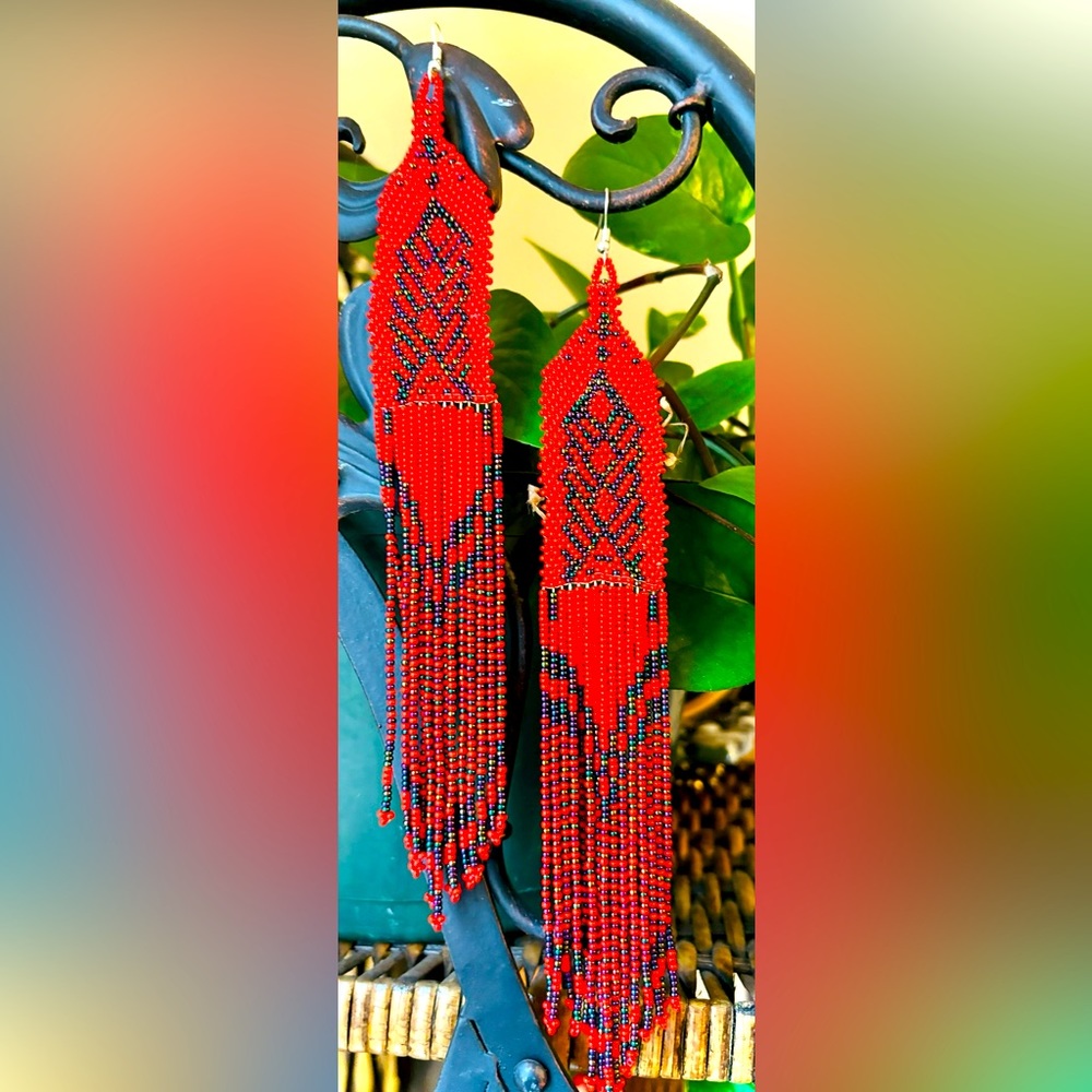 Huichol Red Earrings Mexican Art
